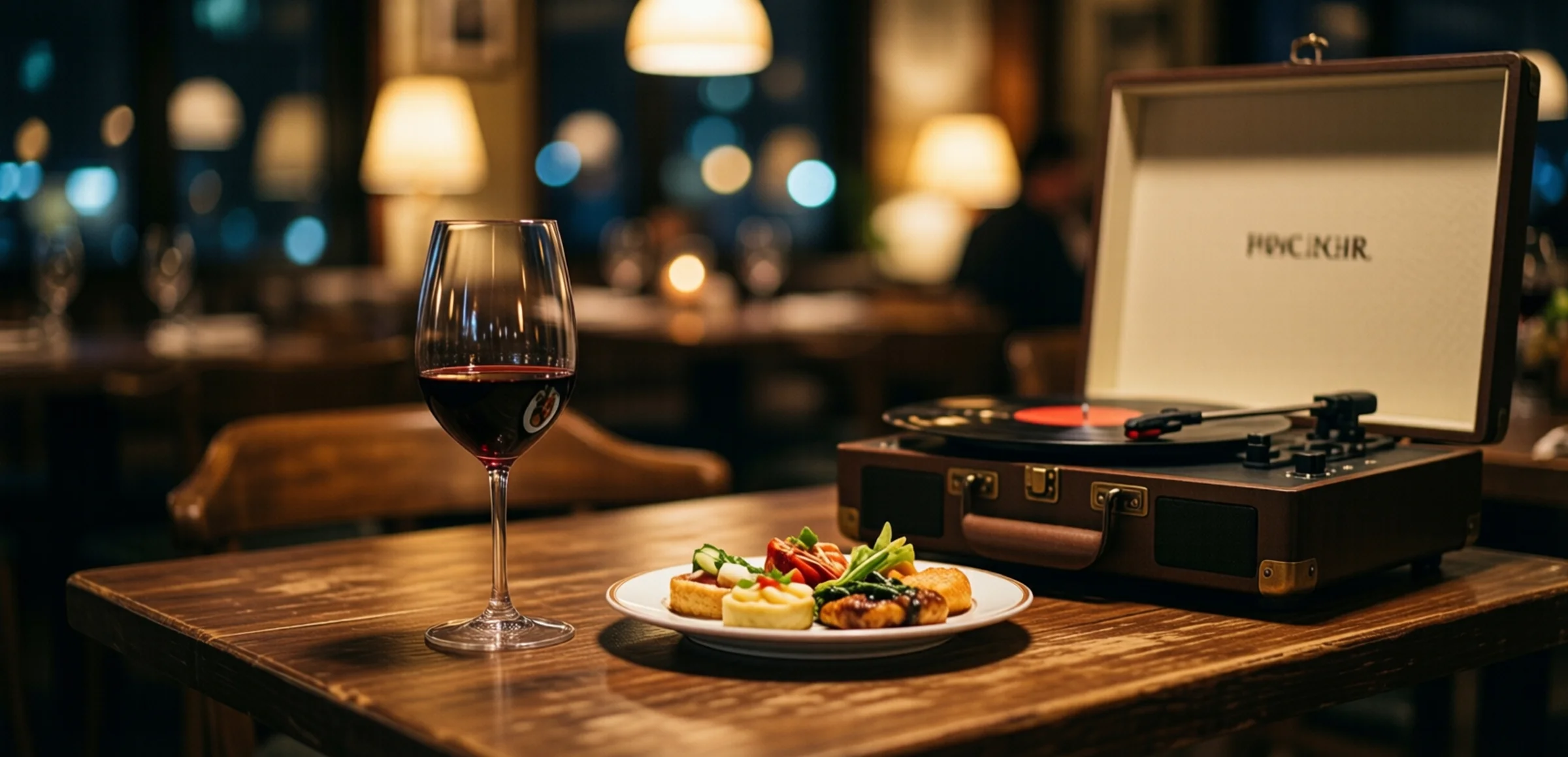 Symbolbild: Ein gedeckter Restauranttisch bei Nacht mit einem Glas Rotwein, einem kleinen Teller mit Vorspeise und einem Plattenspieler, beleuchtet durch warmes Licht mit weicher Hintergrundunschärfe