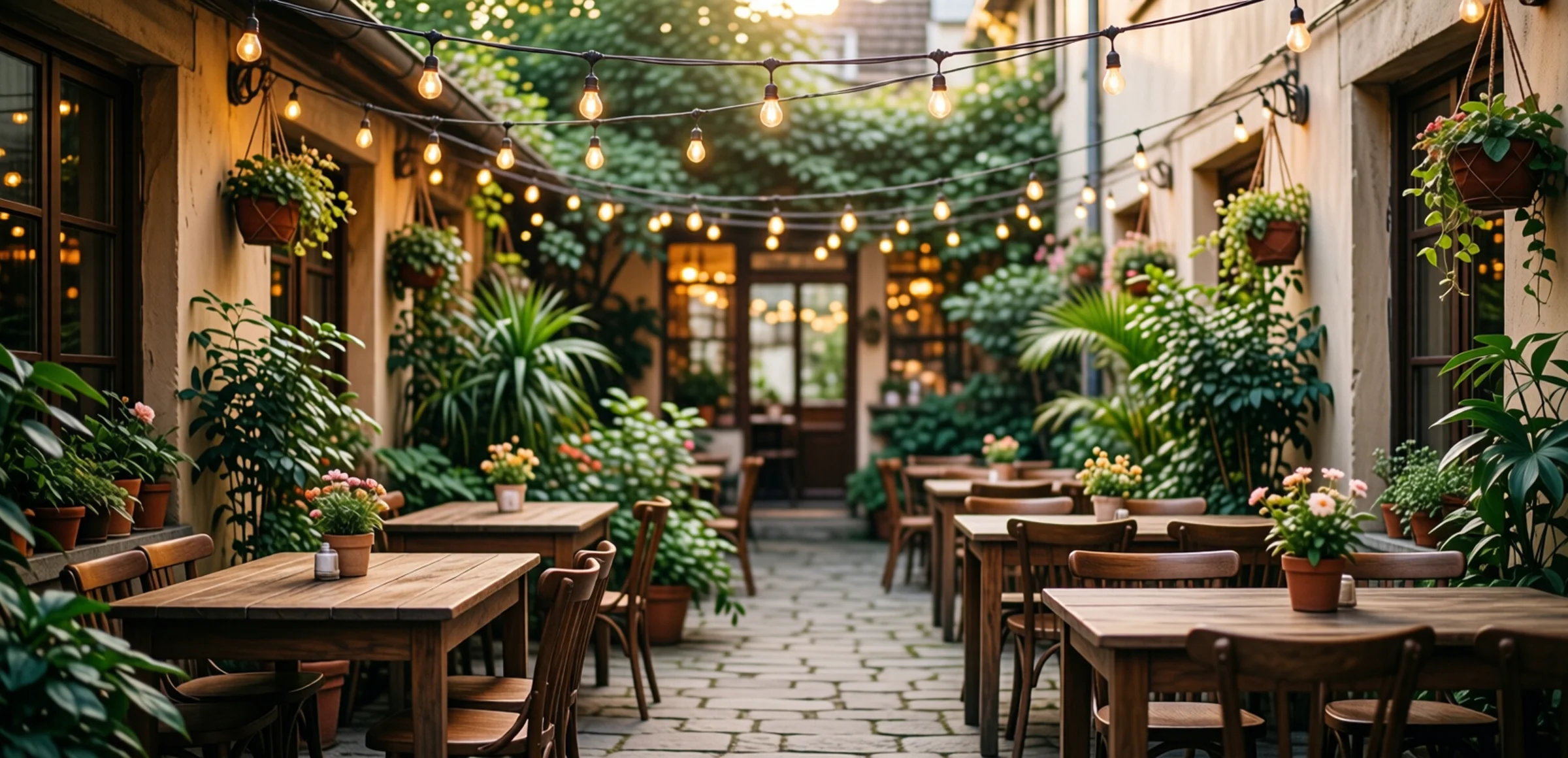 Symbolbild: Ein gemütlicher Restaurant-Innenhof mit warmen Lichterketten über Holztischen und Stühlen, umgeben von grünen Pflanzen und Töpfen, bei sanftem Abendlicht