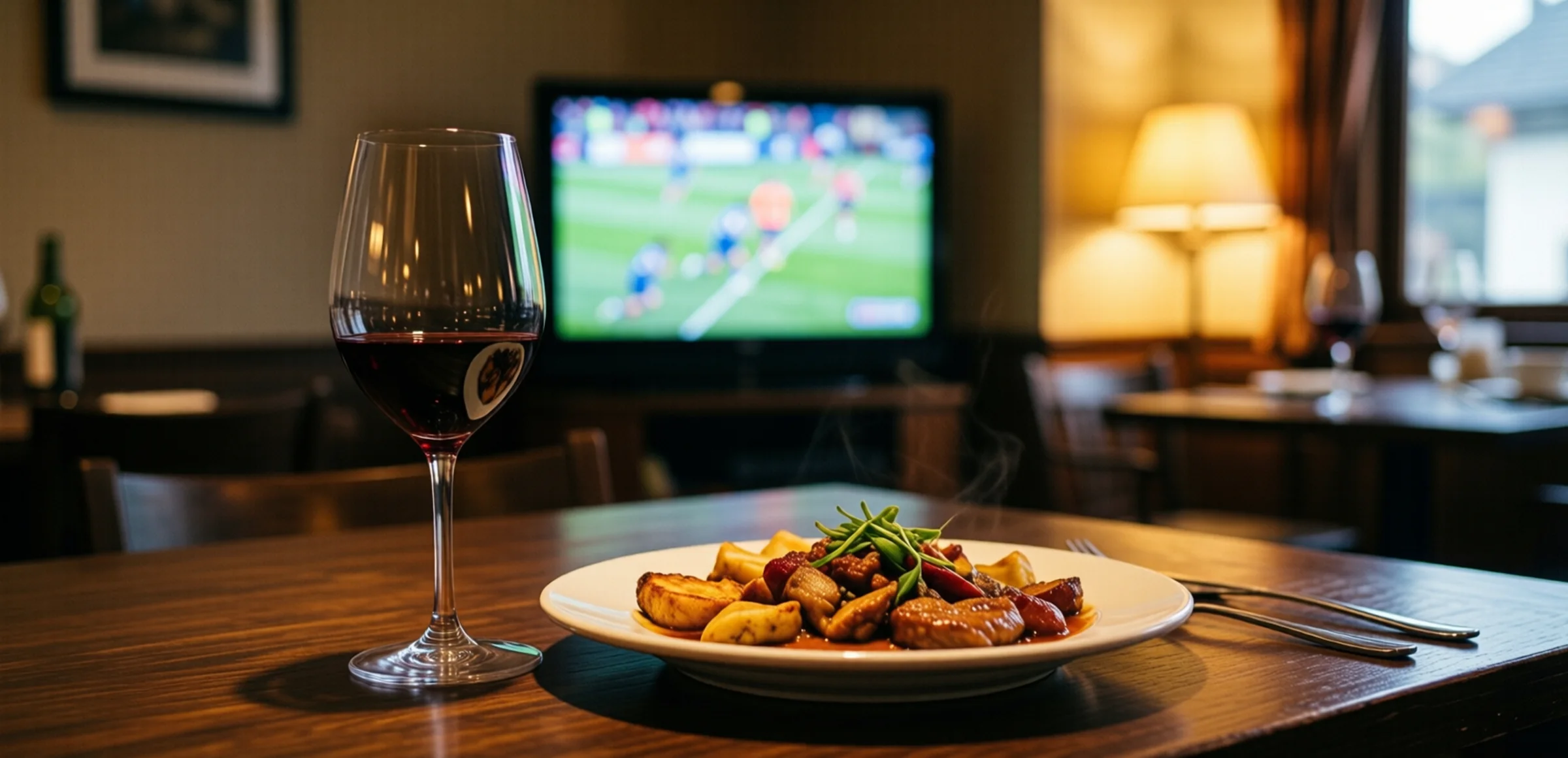 Symbolbild: Ein gedeckter Restauranttisch mit einem Glas Wein und einem Teller Essen, im Hintergrund ein unscharf laufender Fußballmatch auf einem kleinen Fernseher, warmes Licht
