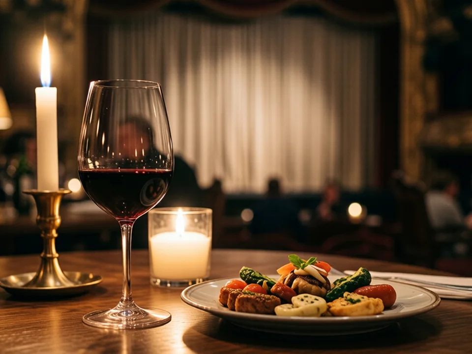 Symbolbild: Ein gedeckter Restauranttisch mit Kerzenlicht, einem Glas Rotwein und einem kleinen Teller mit Vorspeise, im Hintergrund schemenhaft ein Theatervorhang zu erkennen, warme und einladende Atmosphäre