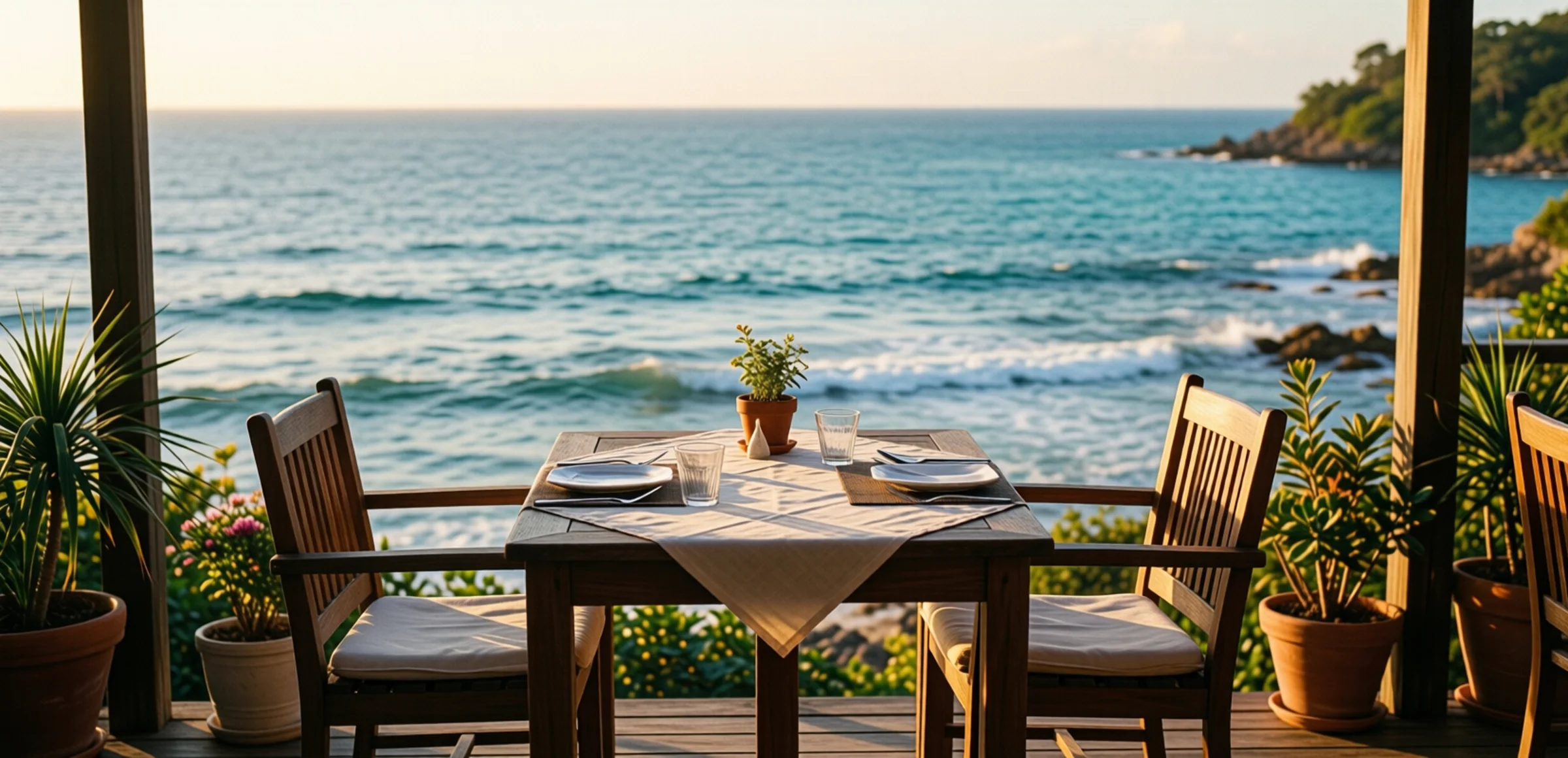 Symbolbild: Eine ruhige Restaurant-Terrasse am Meer bei goldenem Abendlicht, mit gedecktem Tisch, Blick auf das sanft schimmernde Wasser und sanfte Wellen am Strand