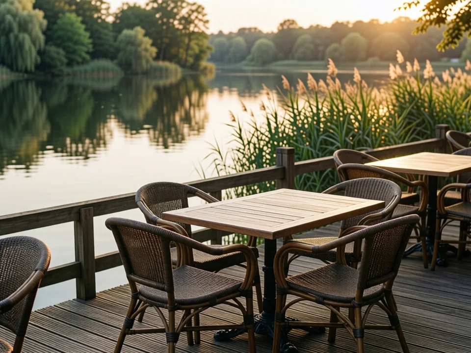 Symbolbild: Leere Terrasse eines Restaurants direkt am Ufer eines Sees, Holzdeck mit Tischen und Stühlen, Schilf am Wasser und ruhige Wasserspiegelung im warmen Abendlicht.