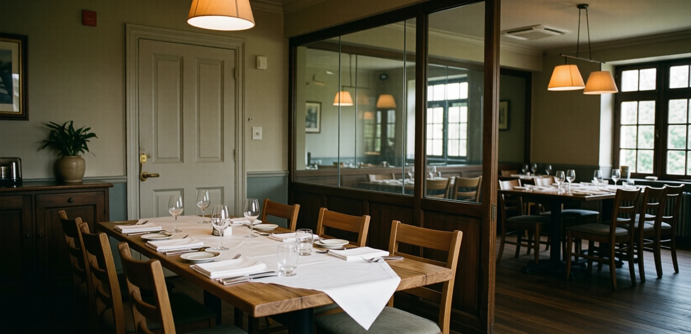 Symbolbild: Ein separater Nebenraum eines Restaurants mit langer Holztafel, weißer Tischdecke und Polsterstühlen, durch Tür und Glaswand vom leeren Hauptraum getrennt, warm beleuchtet.