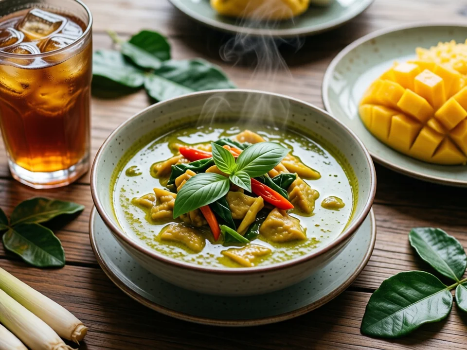 Symbolbild: Eine traditionelle thailändische Tischszene mit einer dampfenden Schüssel grüner Curry, einer Platte Mango-Nussschalen-Reis, einem Glas Thai-Tee und verstreuten Lemongras-Stängeln und Kaffirlimettenblättern auf einer warmen Holzoberfläche.