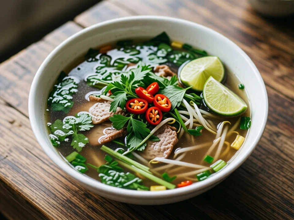Symbolbild: Eine traditionelle vietnamesische Pho-Suppe mit frischen Kräutern, Sojasprossen, Limetten und Chilischoten auf einem rustikalen Holztisch, aufgenommen von oben bei sanftem Licht