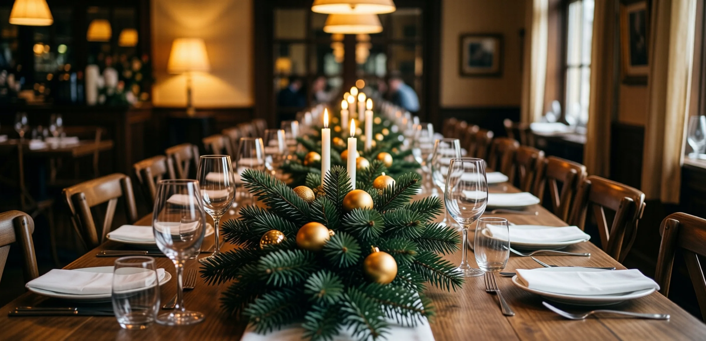 Symbolbild: Lange festlich gedeckte Holztafel in einem Restaurant, dekoriert mit Tannenzweigen, goldenen Kugeln und brennenden Kerzen, im warmen Licht von Hängeleuchten.