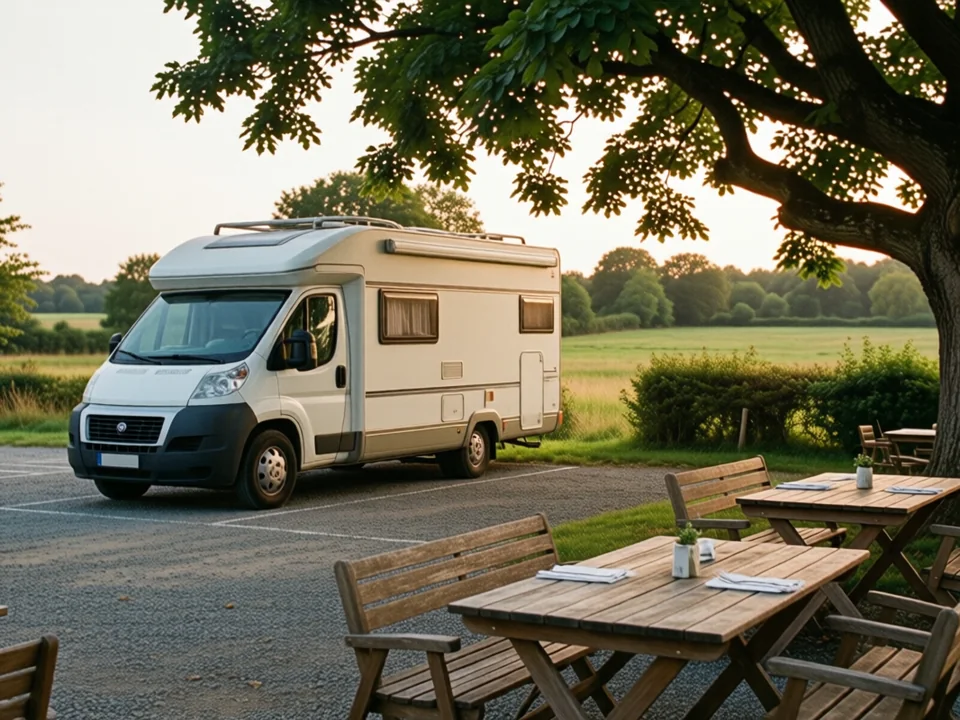 Symbolbild: Ein weißes Wohnmobil steht auf einem geschotterten Stellplatz neben der Terrasse eines Landgasthofs, daneben leere Holztische unter einem alten Baum, dahinter Hecken und eine Wiese im warmen Abendlicht.