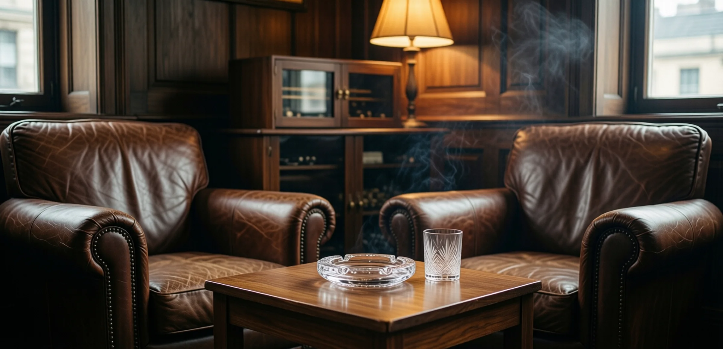 Symbolbild: Sitzecke einer Zigarrenlounge mit zwei dunklen Ledersesseln, niedrigem Holztisch mit Aschenbecher und Glas, dahinter ein Humidorschrank vor dunkler Holzvertäfelung im warmen Lampenlicht.