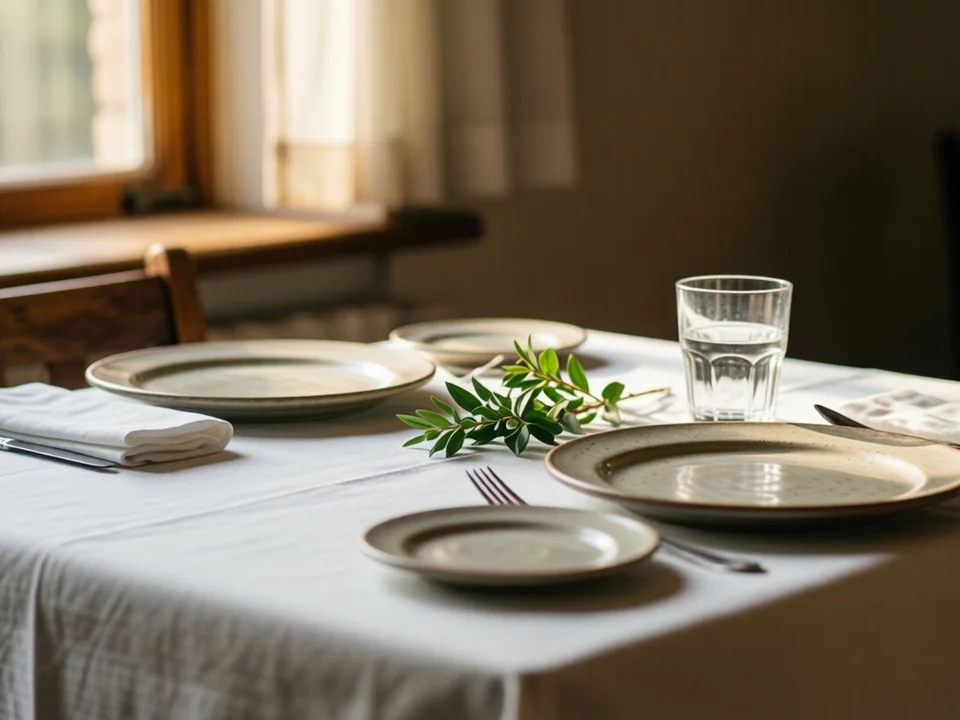 Symbolbild: Ein gedeckter Restauranttisch für zwei Personen mit weißer Tischdecke, schlichtem Geschirr, Wasserglas und einem kleinen Grünzweig, aufgenommen in warmem Tageslicht.