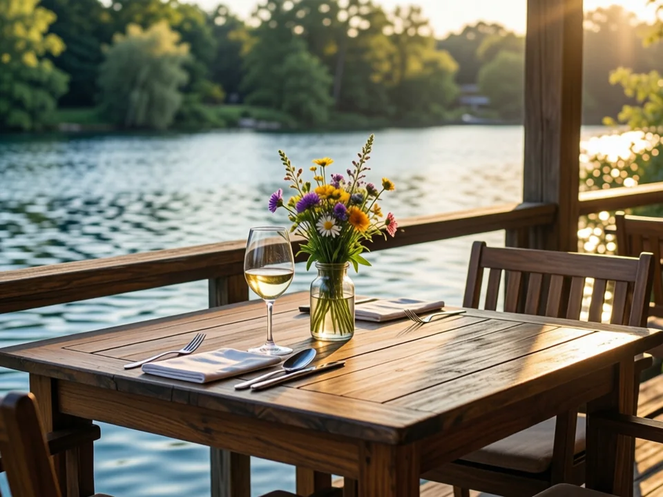 Symbolbild: Eine romantisch gedeckte Terrasse mit einem Tisch für zwei, einem Glas Weißwein und einer kleinen Vase mit Wildblumen, die über ruhiges Wasser blickt, bei warmem Abendlicht mit sanften Wellen und grünen Bäumen im Hintergrund.