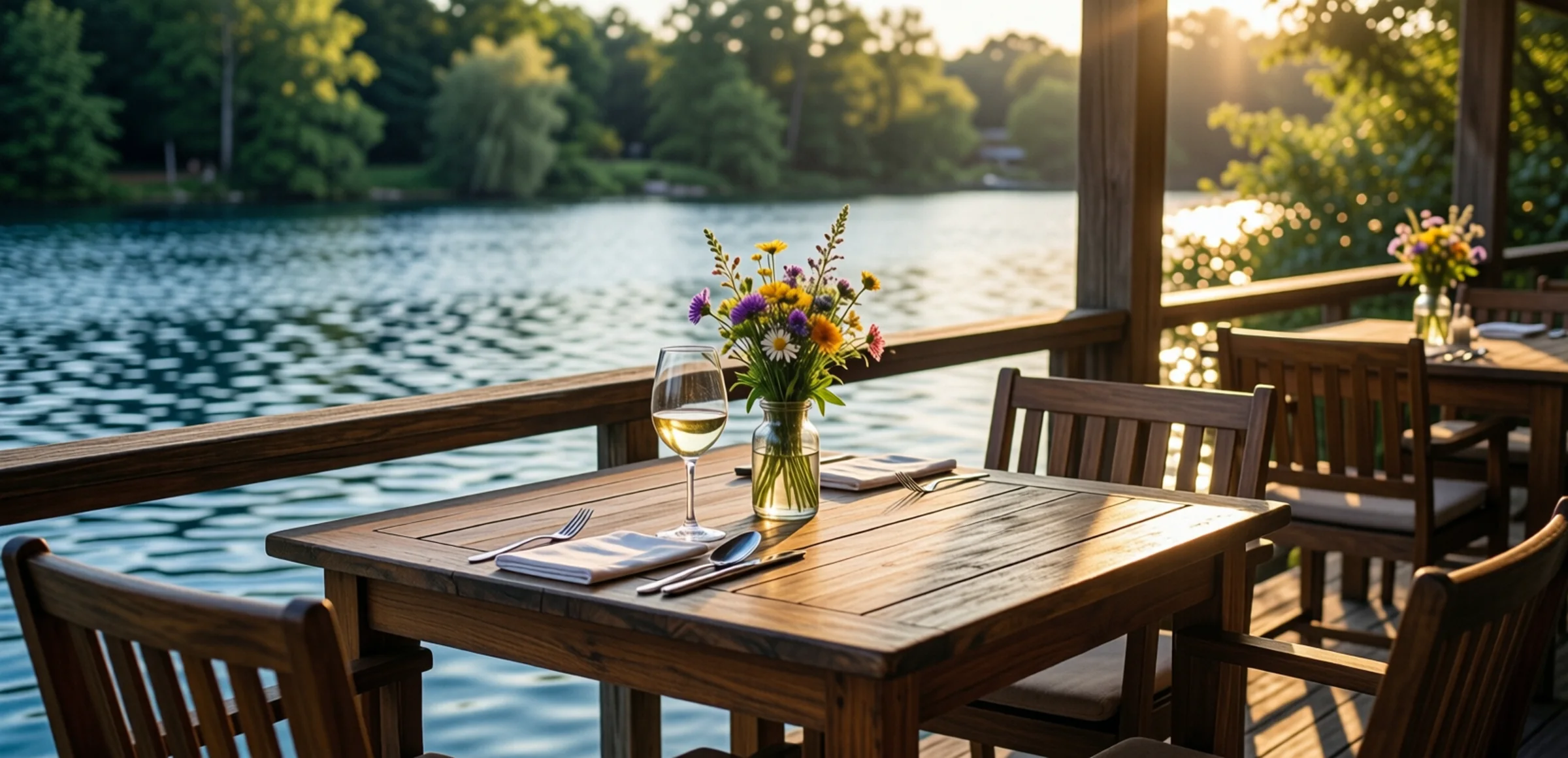 Symbolbild: Eine romantisch gedeckte Terrasse mit einem Tisch für zwei, einem Glas Weißwein und einer kleinen Vase mit Wildblumen, die über ruhiges Wasser blickt, bei warmem Abendlicht mit sanften Wellen und grünen Bäumen im Hintergrund.