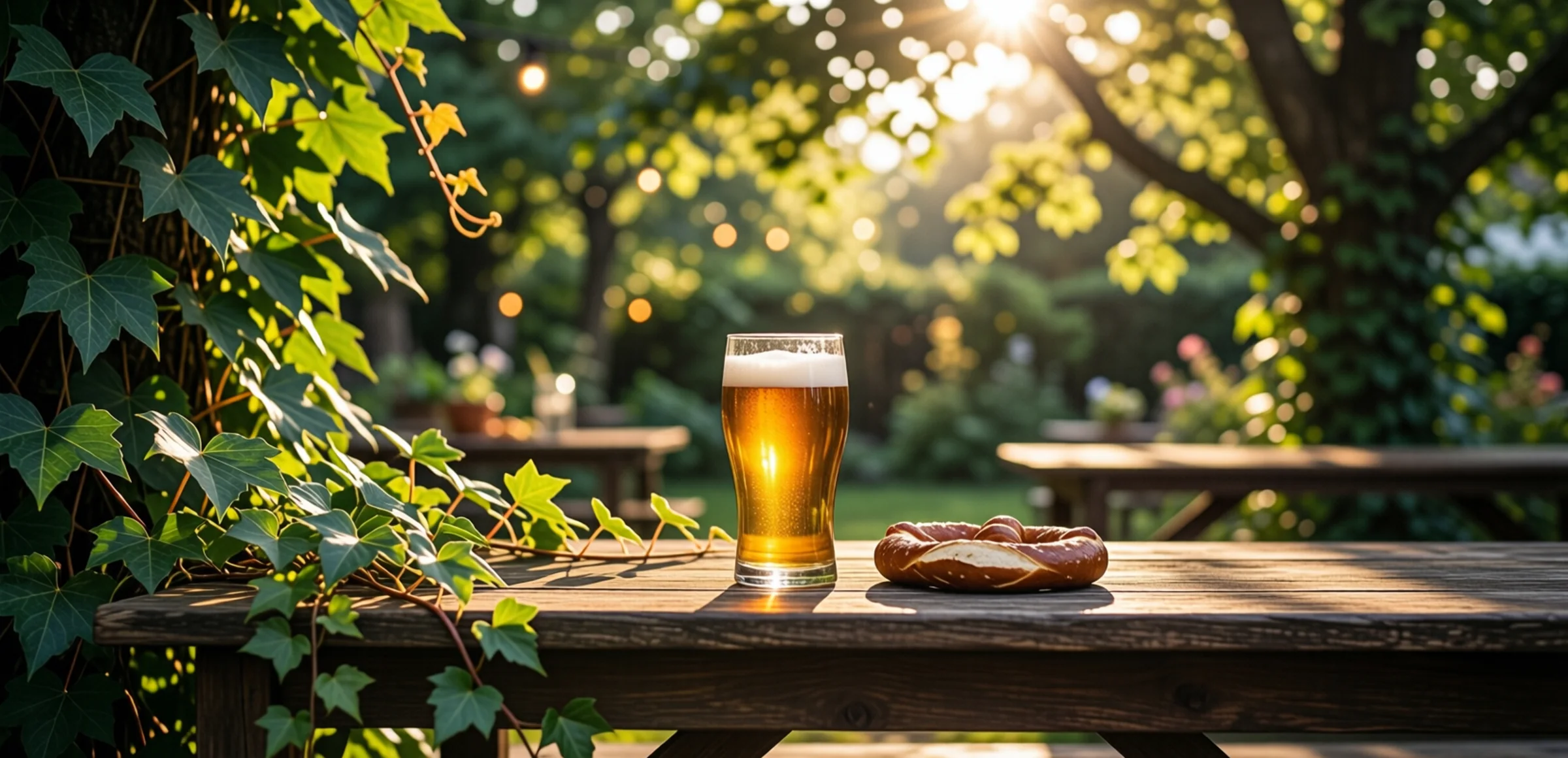 Symbolbild: Ein rustikaler Holztisch mit einem Glas Bier und einem Brezel, umgeben von üppigem Efeu und durch Baumkronen gefiltertes Sonnenlicht, warme Sommertagesstimmung