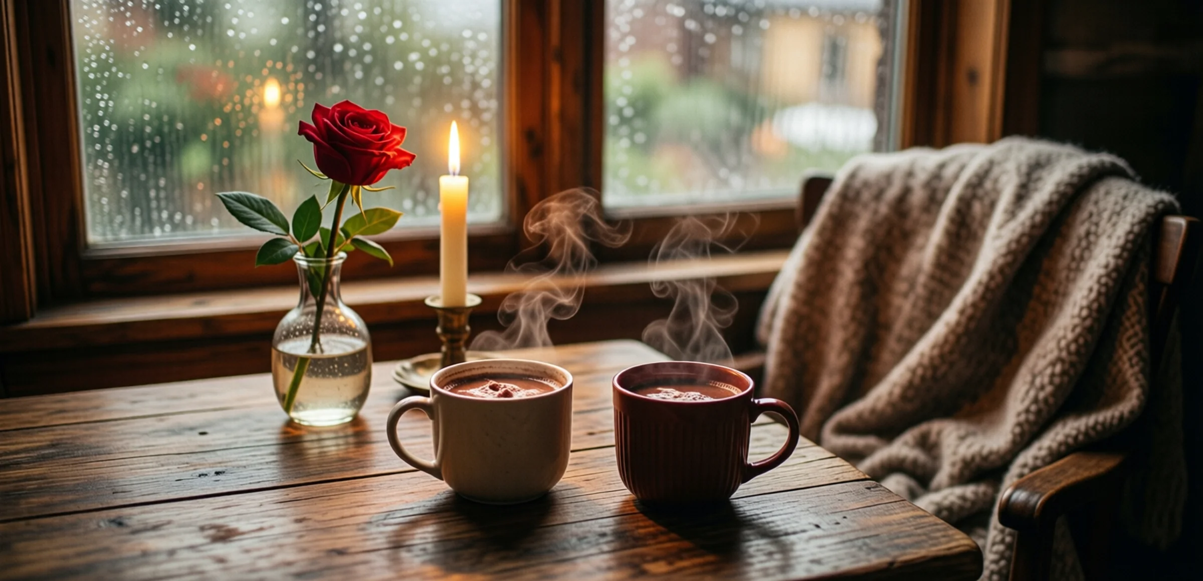 Symbolbild: Gemütlicher Tisch mit zwei dampfenden Tassen Kakao, einer kleinen Vase mit einer roten Rose und einer weichen Decke auf einem Stuhl, im Hintergrund ein regnerisches Fenster mit warmem Kerzenlicht
