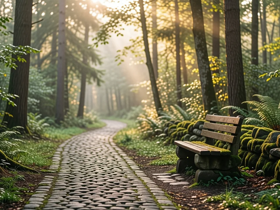 Symbolbild: Ein schmaler Kopfsteinpflasterweg schlängelt sich durch eine neblige Waldlichtung im Morgenlicht, ein verwittertes Holzbänkchen steht neben einem moosbewachsenen Stein, keine Menschen, keine Beschriftung