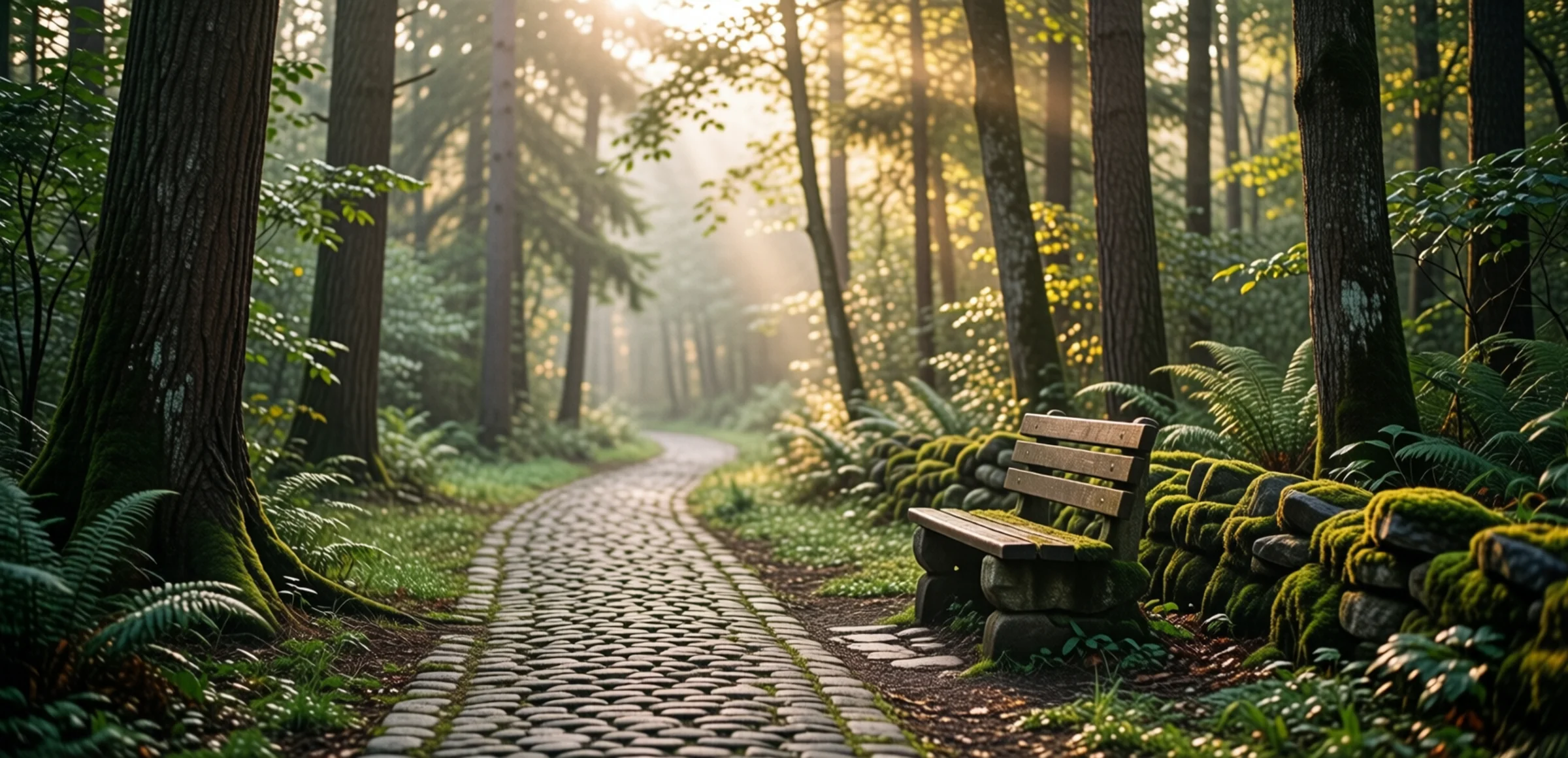 Symbolbild: Ein schmaler Kopfsteinpflasterweg schlängelt sich durch eine neblige Waldlichtung im Morgenlicht, ein verwittertes Holzbänkchen steht neben einem moosbewachsenen Stein, keine Menschen, keine Beschriftung