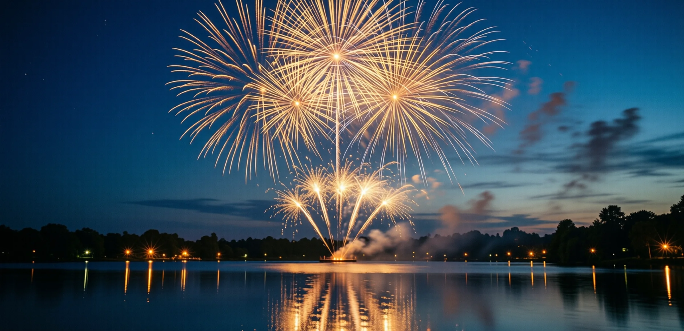 Symbolbild: Goldene und silberne Feuerwerksraketen leuchten über einem ruhigen See, warme Lichter spiegeln sich im Wasser, festliche Silvesterstimmung