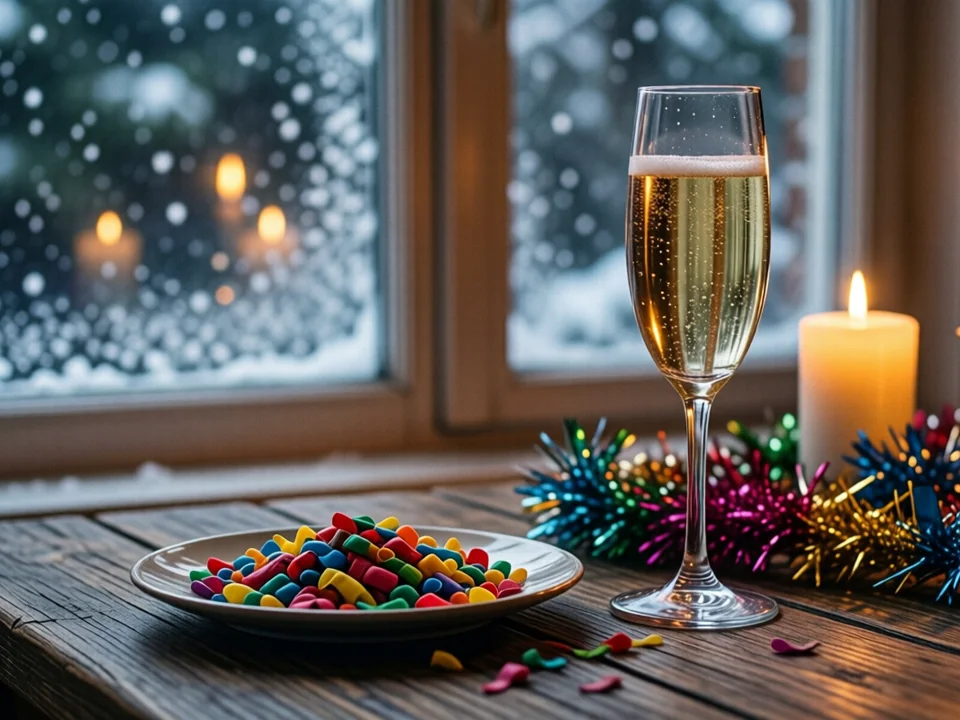 Symbolbild: Ein Glas Sekt und eine kleine Schale mit Konfetti und Glitzer auf einem Holztisch, beleuchtet von warmem Kerzenlicht, mit sanftem Schneefall vor einem beschlagenen Fenster im Hintergrund