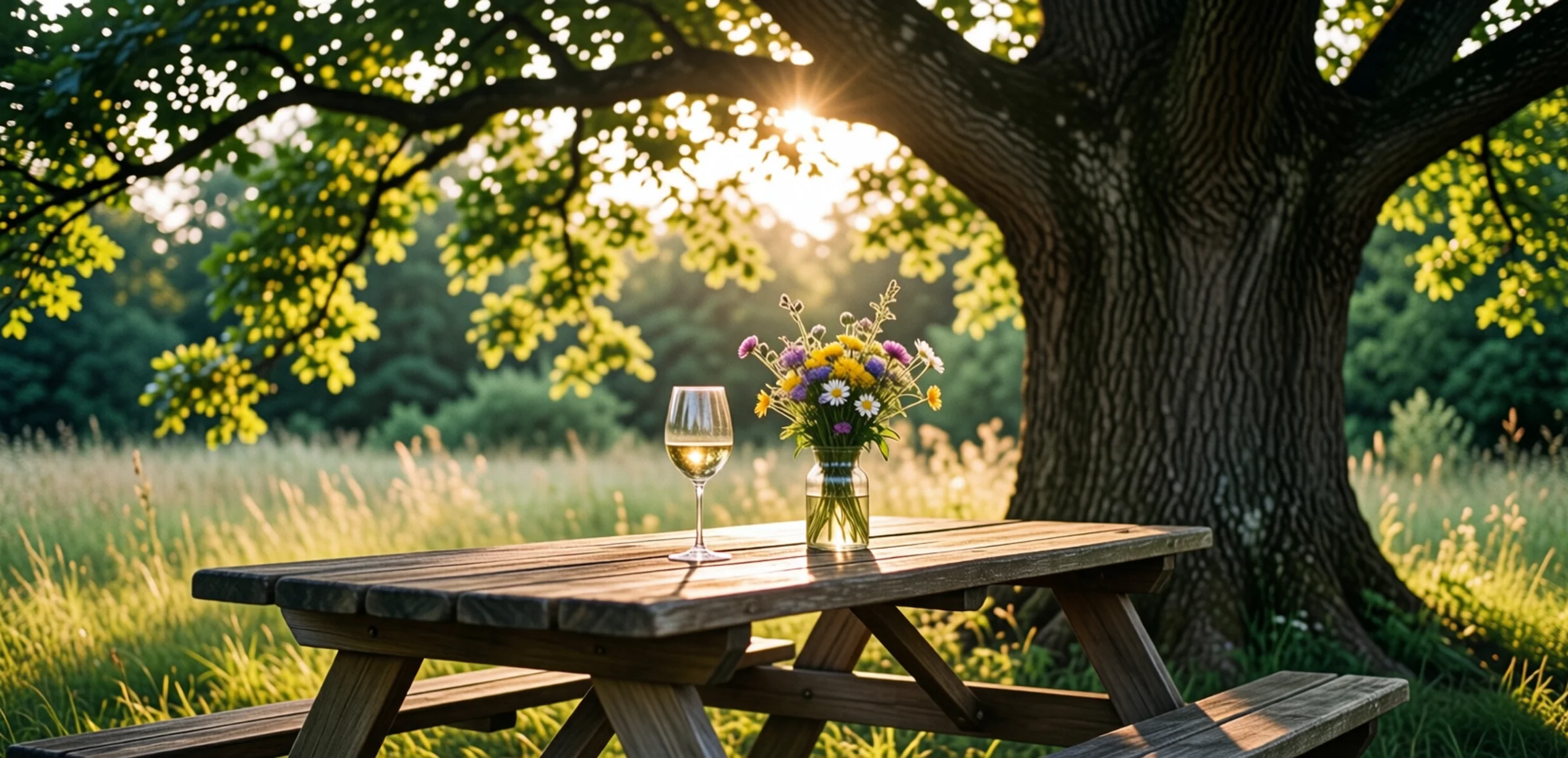 Symbolbild: Ein romantisches Picknick unter einem Baum bei Sonnenuntergang mit einem Glas Wein und Wildblumen auf einem Holztisch