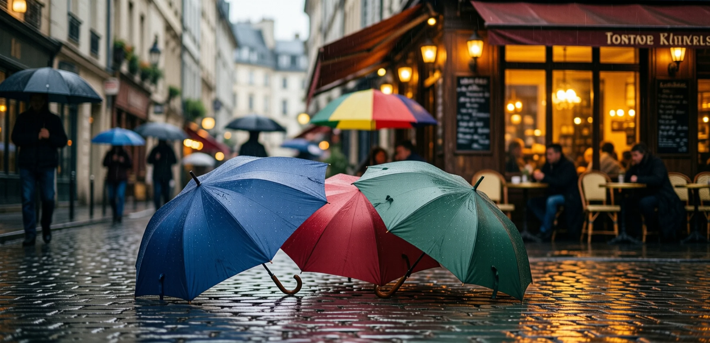 Symbolbild: Eine stimmungsvolle Straßenszene bei Regen mit bunten Regenschirmen, nassen Kopfsteinpflaster und einem warm erleuchteten Café-Fenster im Hintergrund
