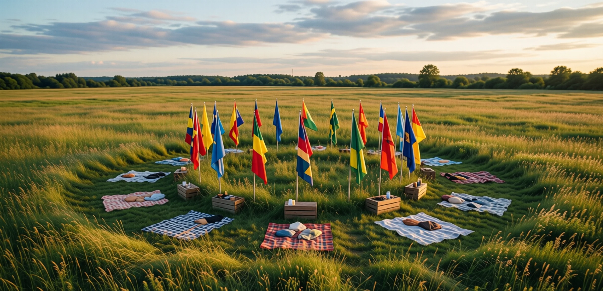 Symbolbild: Luftaufnahme einer weiten Wiese mit einem Kreis aus bunten Fahnen, umgeben von Picknickdecken und Holzkisten bei goldenem Abendlicht