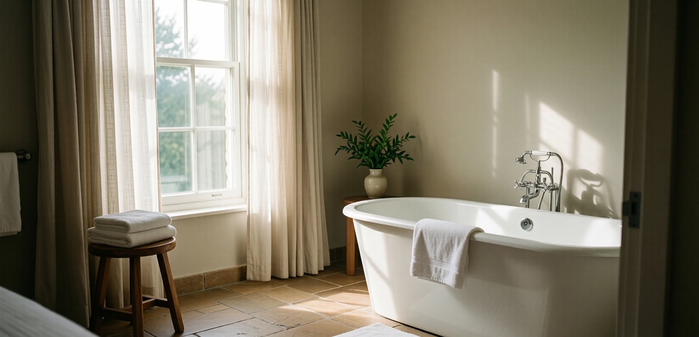 Symbolbild: Freistehende weiße Badewanne in einem hellen Hotelbadezimmer, daneben ein Fenster mit leichtem Vorhang, ein Holzhocker mit gefalteten Handtüchern und eine kleine Vase mit Grün.