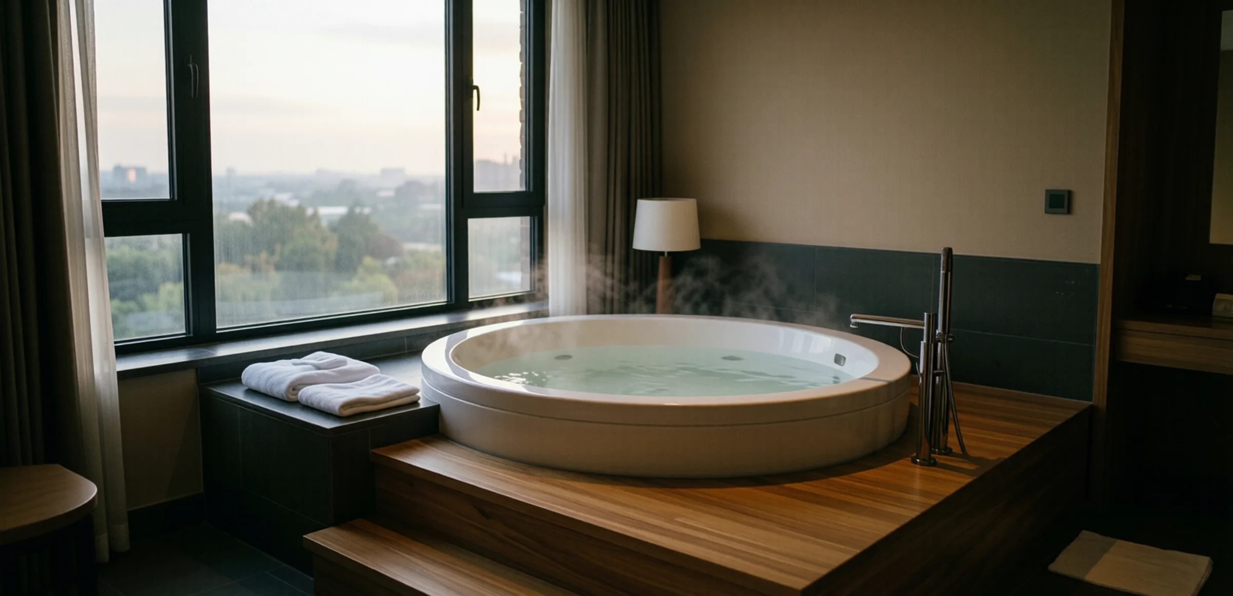 Symbolbild: Ein freistehender runder Whirlpool auf einer Holzplattform in einem ruhig eingerichteten Hotelzimmer, daneben gefaltete weiße Handtücher und ein bodentiefes Fenster im gedämpften Abendlicht.