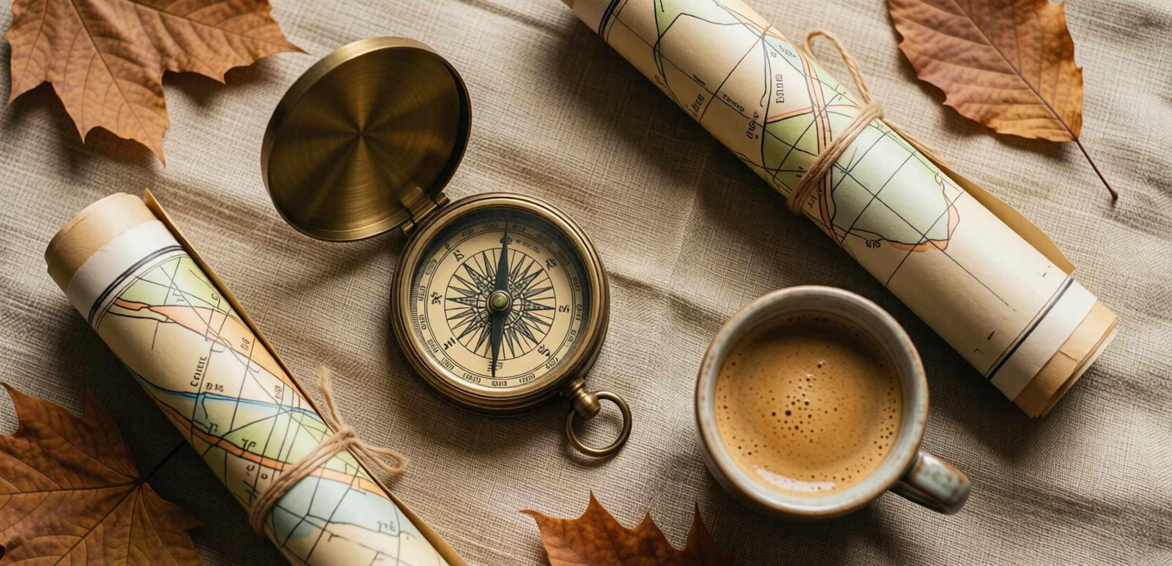 Symbolbild: Eine ruhige Draufsicht auf eine Vintage-Kompass, eine aufgerollte Papierkarte, eine kleine Tasse Kaffee und ein paar Herbstblätter auf einem warmen Leinenhintergrund