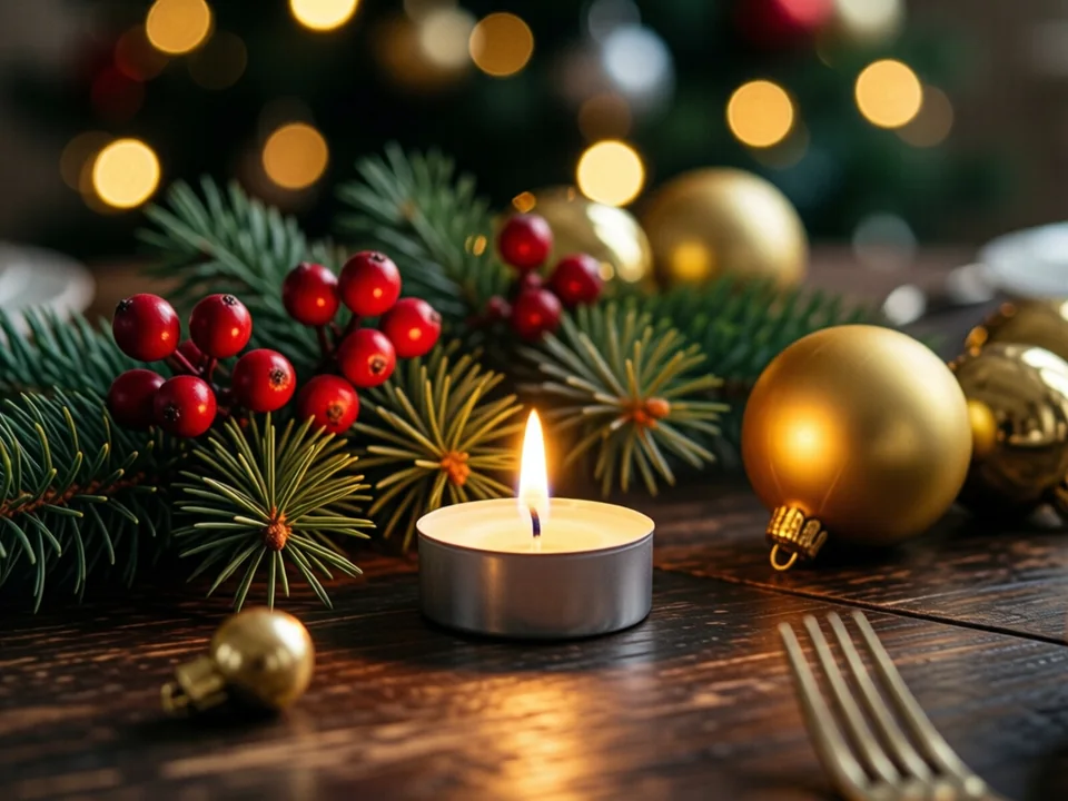 Symbolbild: Eine festlich gedeckte Tischfläche mit einer brennenden Kerze, einem Tannenzweig mit roten Beeren und einigen goldenen Weihnachtskugeln, im Hintergrund weiche Lichtpunkte