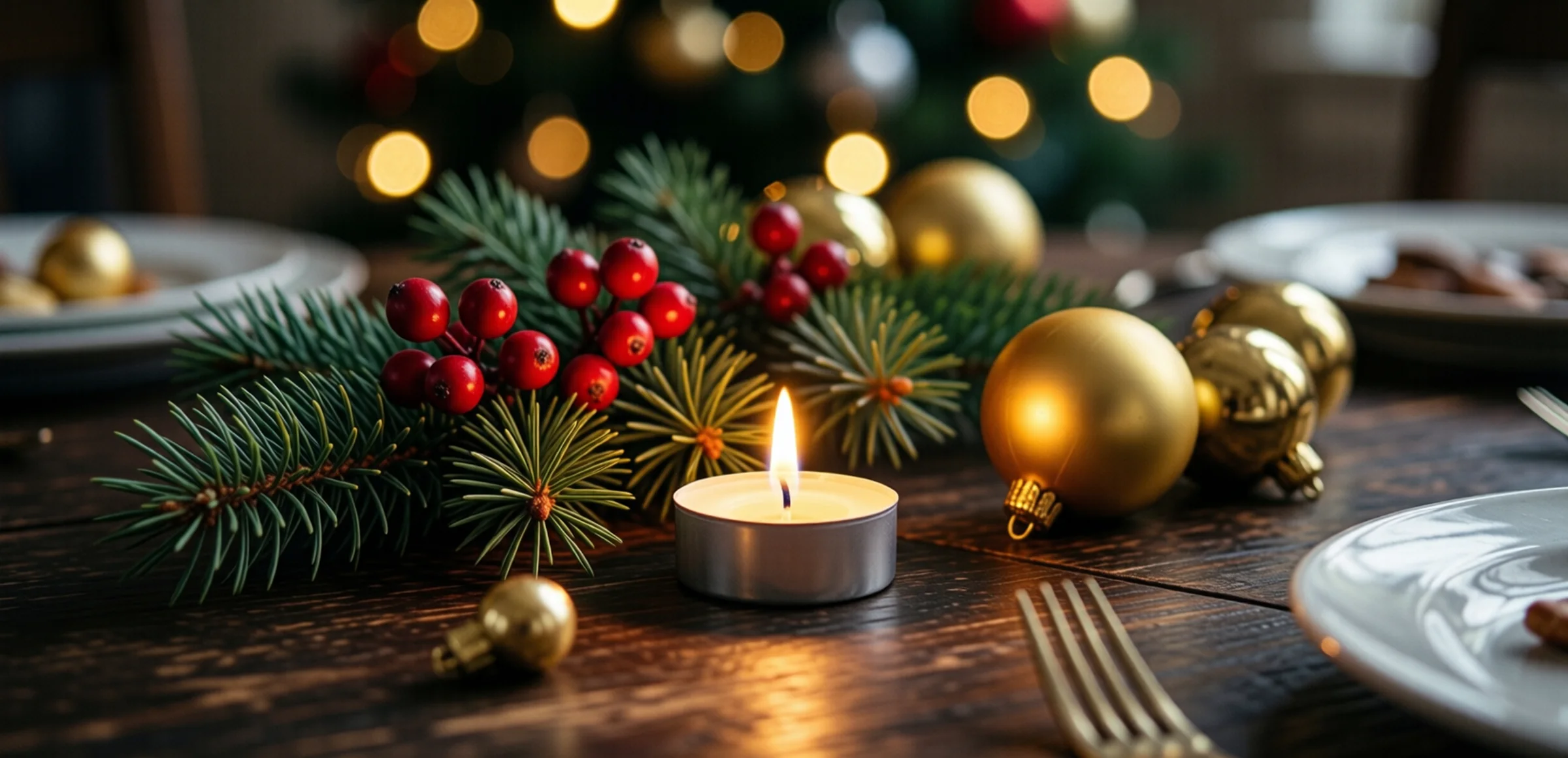 Symbolbild: Eine festlich gedeckte Tischfläche mit einer brennenden Kerze, einem Tannenzweig mit roten Beeren und einigen goldenen Weihnachtskugeln, im Hintergrund weiche Lichtpunkte