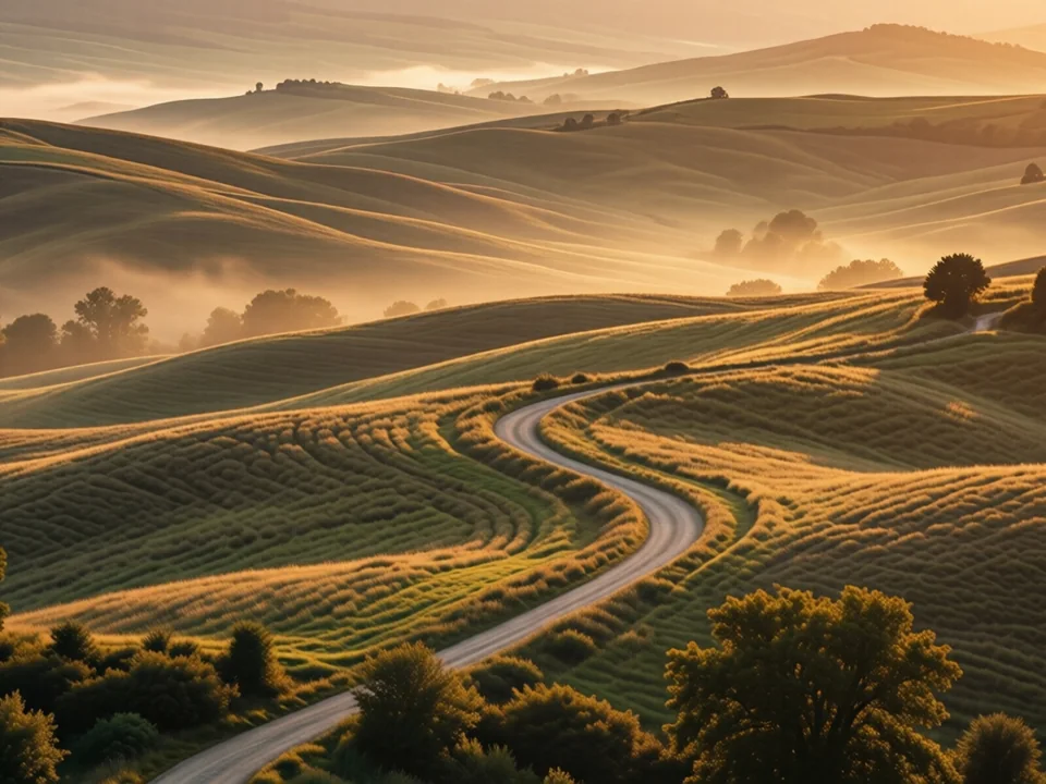 Symbolbild: Eine friedliche, abstrakte Landschaft bei goldenem Abendlicht mit sanften Hügeln, einem sich windenden Pfad und zartem Nebel, in warmen, einladenden Tönen gehalten