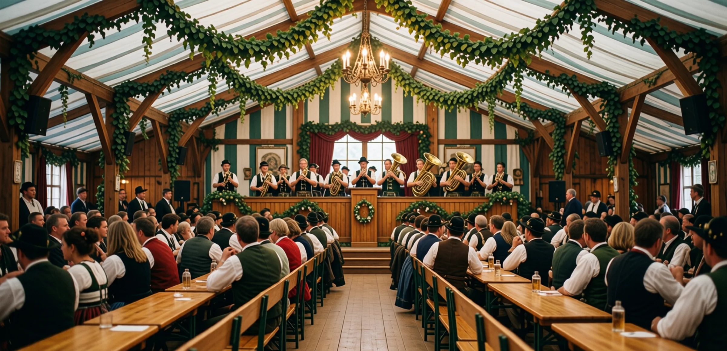 Innenraum eines Festzelts: Blasmusikkapelle auf der Buehne, lange Reihen besetzter Holztische, Hopfengirlanden unter der Zeltdecke