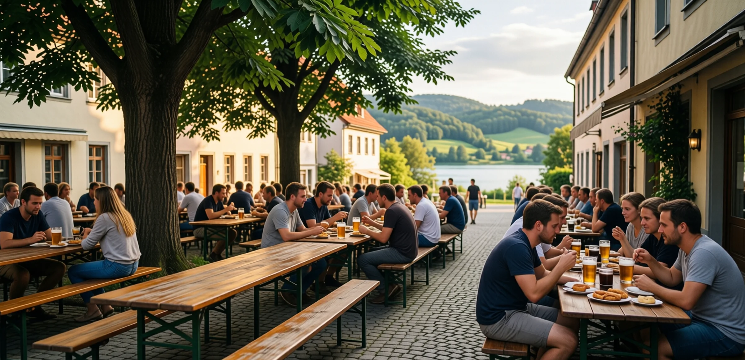 Biergarten unter Kastanien in einer Altstadt mit Blick auf See und Hügel, Gäste an langen Holztischen im Abendlicht