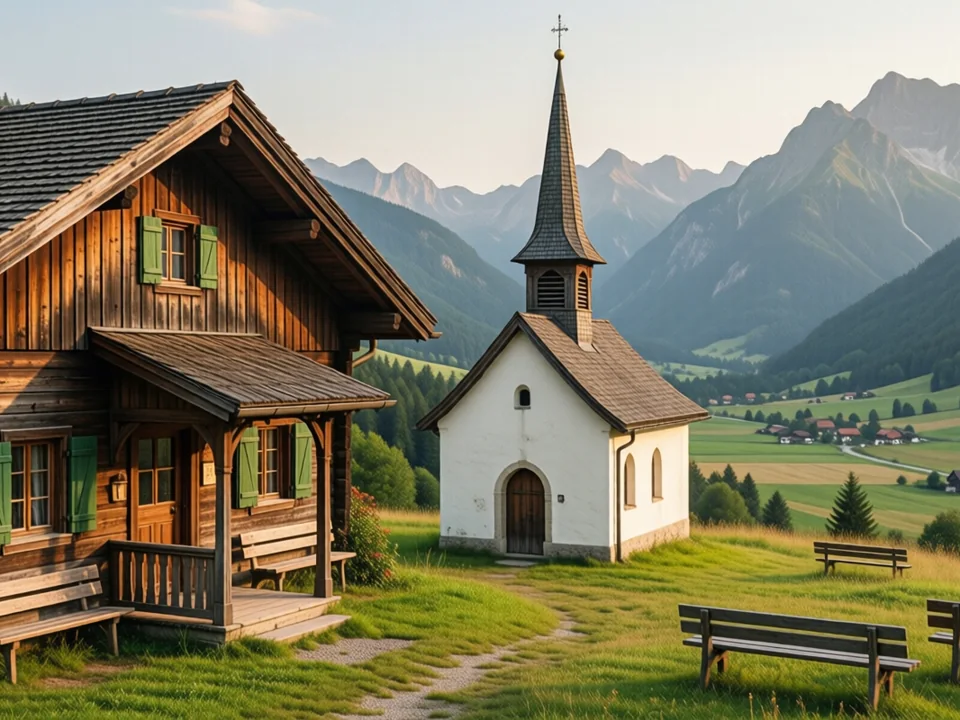 Historischer Berggasthof aus verwittertem Holz neben einer kleinen weiss getuenchten Kapelle mit schlankem Turm auf einem Wiesenruecken, im Tal darunter Wiesen und einzelne Hoefe, dahinter bewaldete Haenge und Berge im Dunst