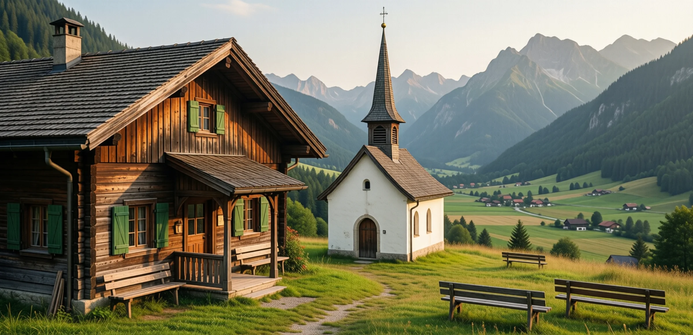 Historischer Berggasthof aus verwittertem Holz neben einer kleinen weiss getuenchten Kapelle mit schlankem Turm auf einem Wiesenruecken, im Tal darunter Wiesen und einzelne Hoefe, dahinter bewaldete Haenge und Berge im Dunst
