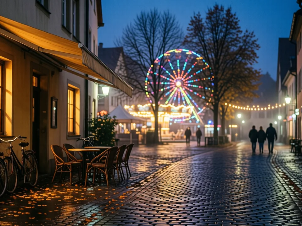 Nasse Kopfsteinpflastergasse bei Nacht, links das warm erleuchtete Fenster einer Bar, im Hintergrund unscharf die bunten Lichter eines Riesenrads und einer Lichterkette