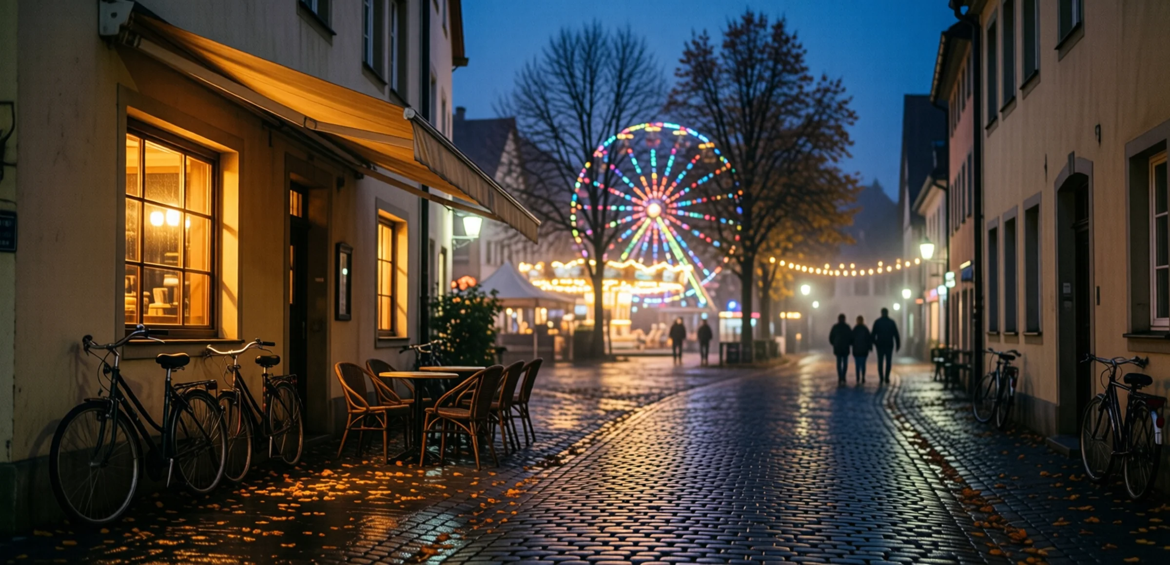Nasse Kopfsteinpflastergasse bei Nacht, links das warm erleuchtete Fenster einer Bar, im Hintergrund unscharf die bunten Lichter eines Riesenrads und einer Lichterkette