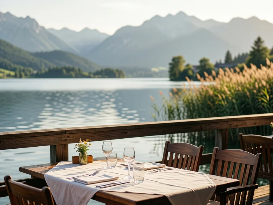 Symbolbild: gedeckte Terrasse am Ufer eines Sees, dahinter offenes Wasser und die Kette der Voralpen