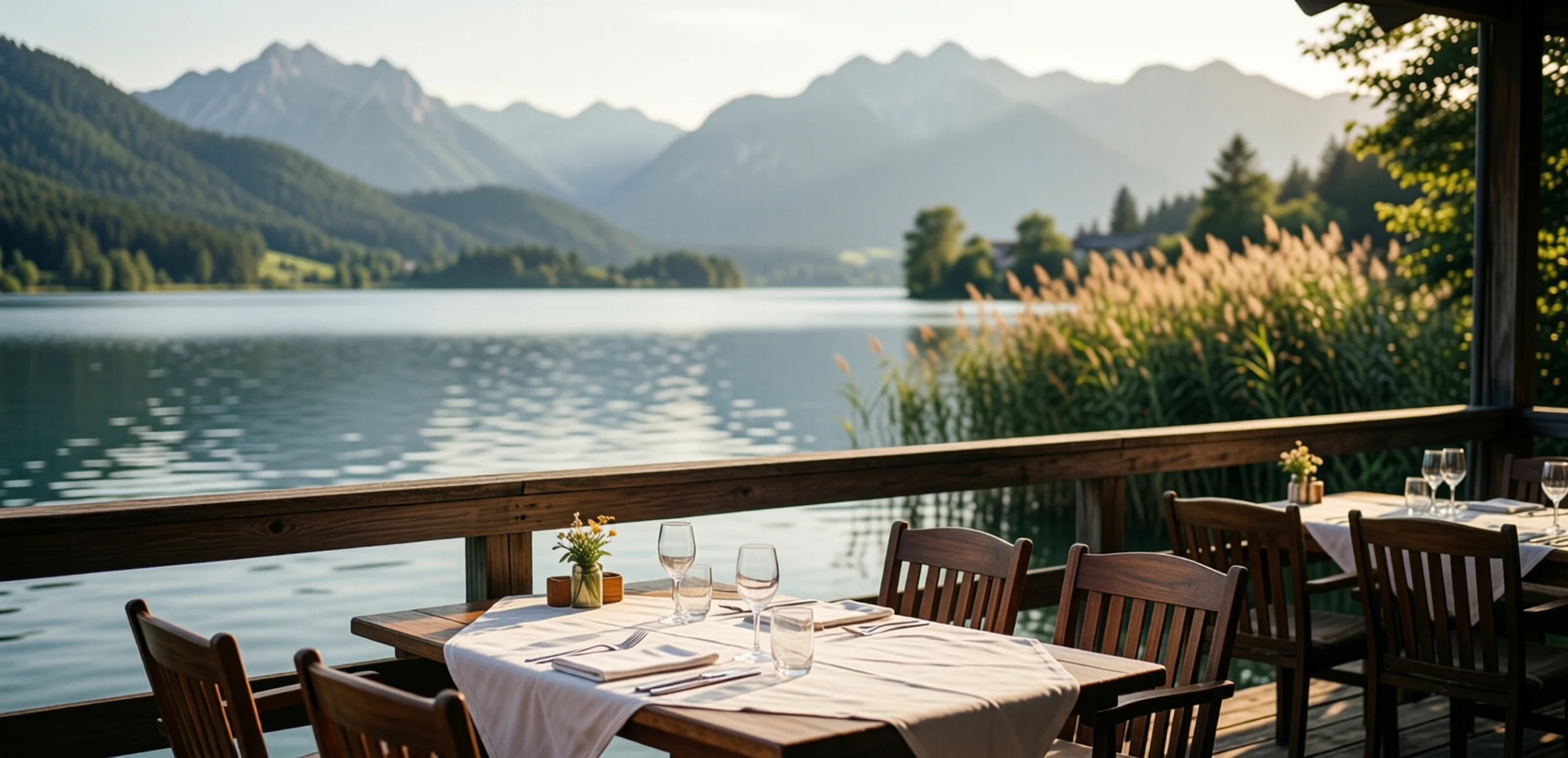 Symbolbild: gedeckte Terrasse am Ufer eines Sees, dahinter offenes Wasser und die Kette der Voralpen