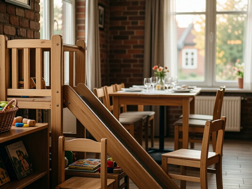 Symbolbild: Gastraum mit Spielecke, niedrigem Regal mit Holzspielzeug und einer kleinen Rutsche neben gedeckten Tischen