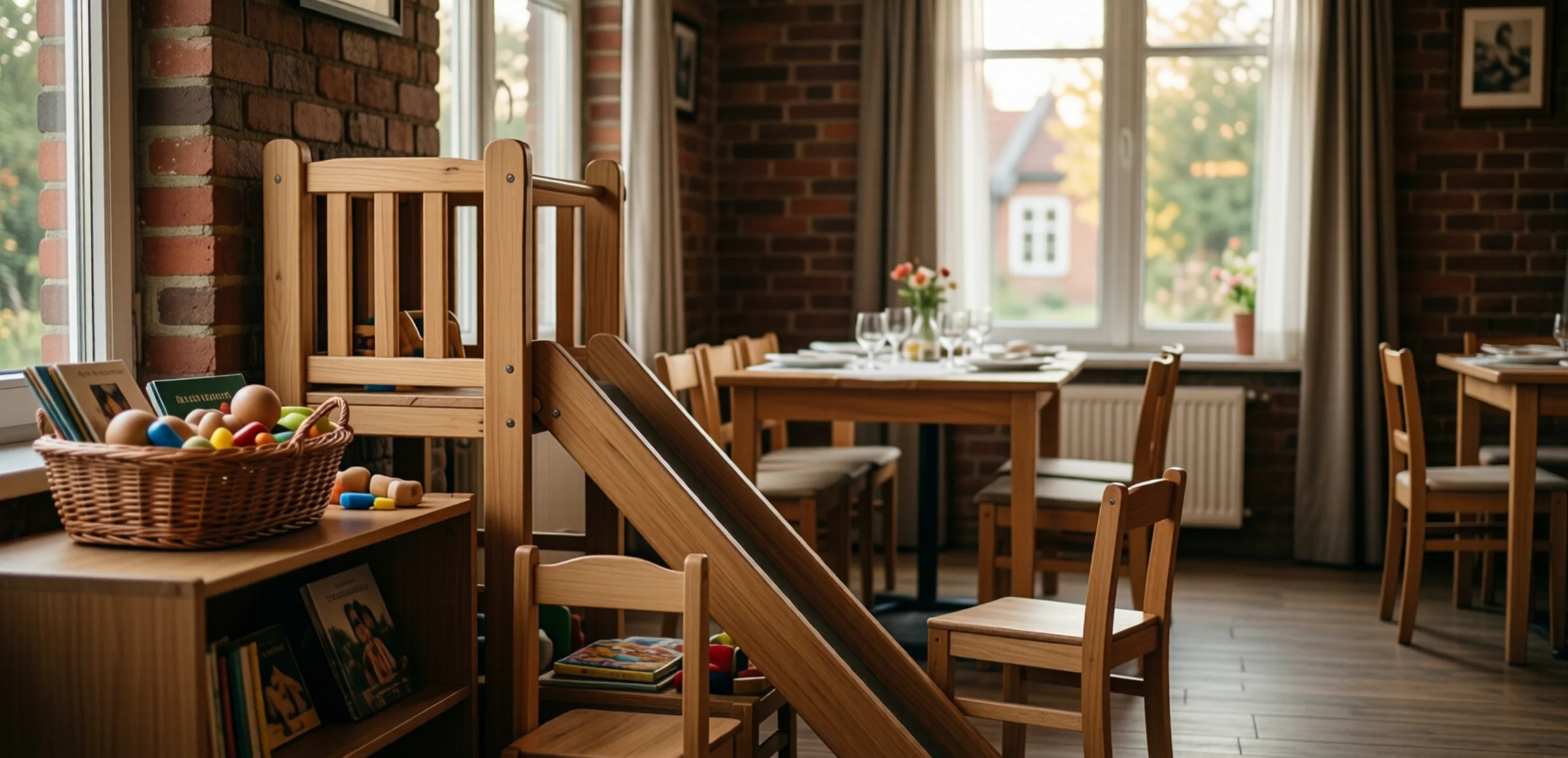 Symbolbild: Gastraum mit Spielecke, niedrigem Regal mit Holzspielzeug und einer kleinen Rutsche neben gedeckten Tischen