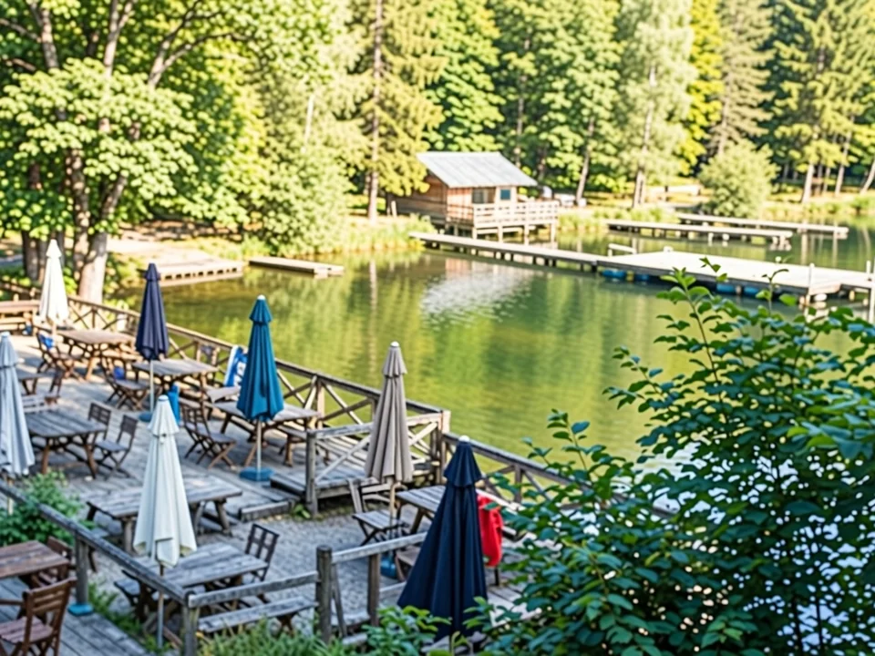 Blick über den Tüttensee mit hölzerner Badeinsel und Steg im Wasser, am linken Ufer die Terrasse des Seebads, dahinter dichter Mischwald