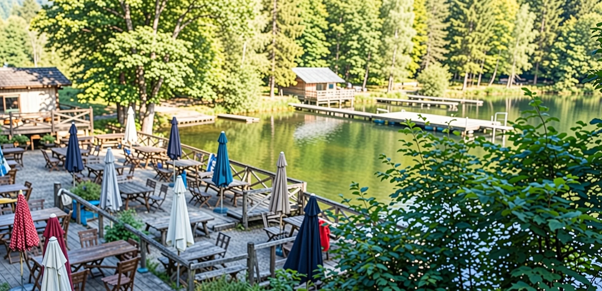 Blick über den Tüttensee mit hölzerner Badeinsel und Steg im Wasser, am linken Ufer die Terrasse des Seebads, dahinter dichter Mischwald