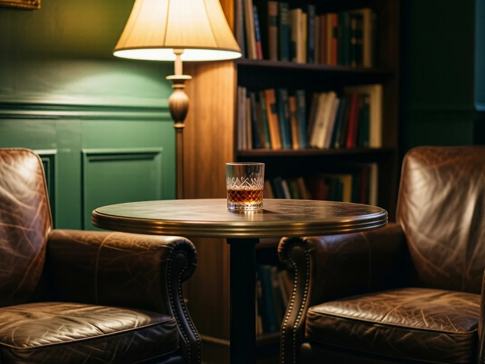 Ruhige Ecke einer Bar bei Nacht mit zwei Lederfauteuils, kleinem Tisch mit einem Glas und einer Stehlampe vor grüner Wandvertäfelung
