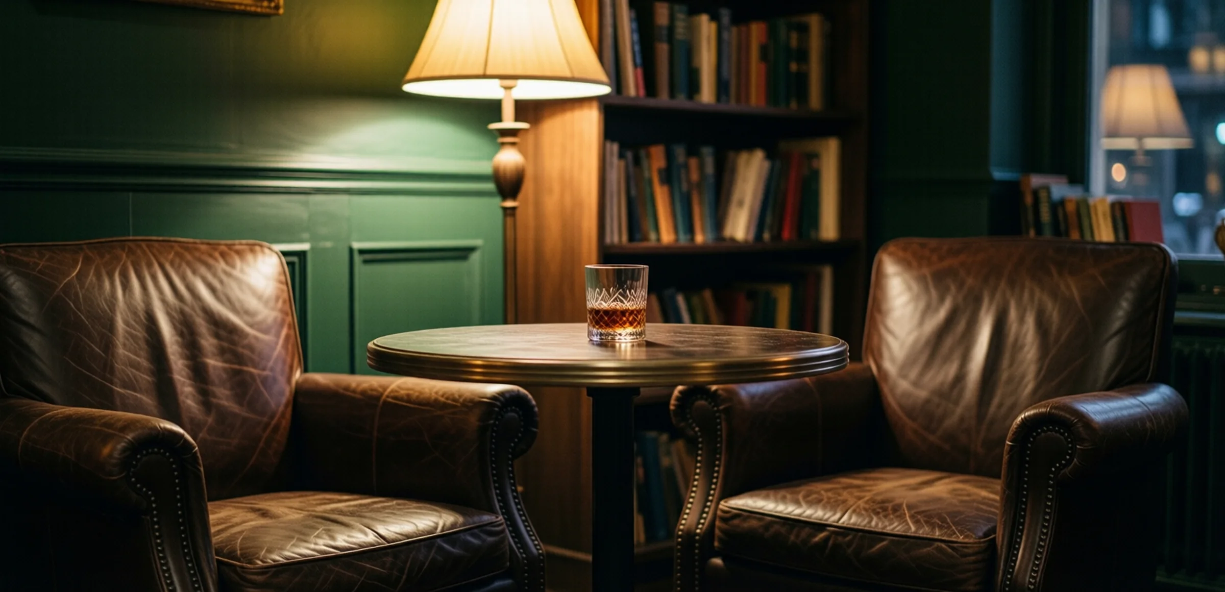 Ruhige Ecke einer Bar bei Nacht mit zwei Lederfauteuils, kleinem Tisch mit einem Glas und einer Stehlampe vor grüner Wandvertäfelung