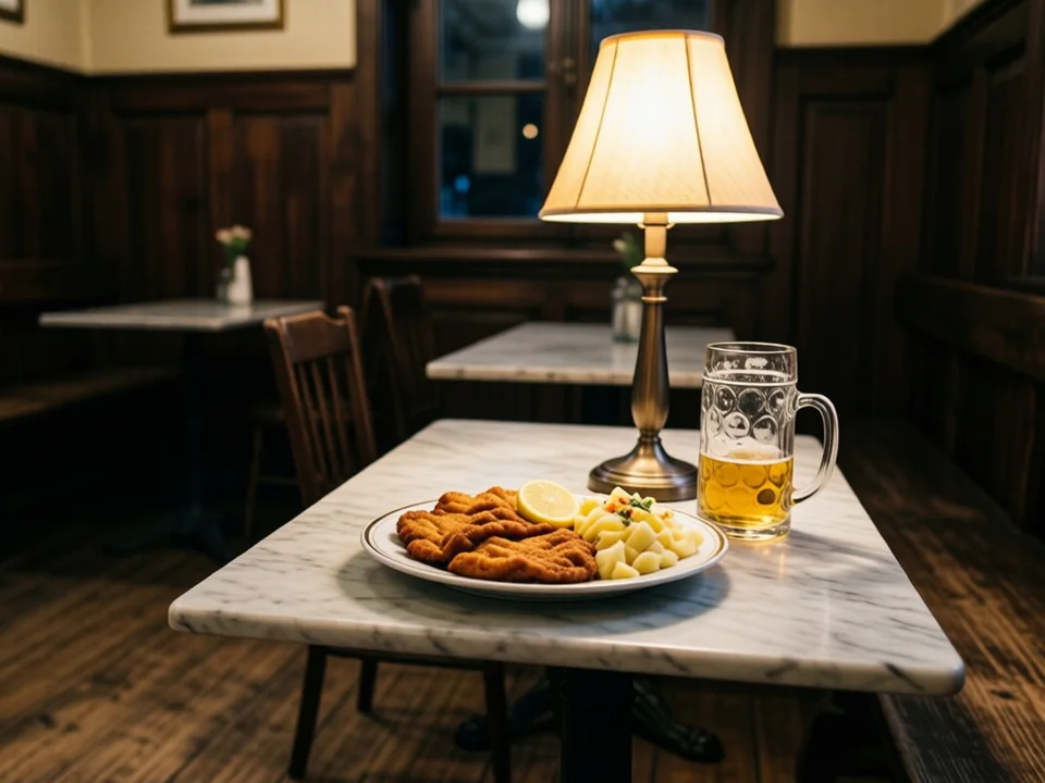 Marmortisch in einem holzvertäfelten Wirtshaus, darauf ein Teller Schnitzel mit Kartoffelsalat und ein halbvolles Bierglas unter einer Tischlampe
